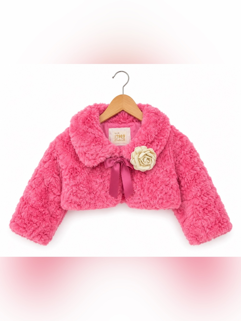 The Childrens Place Pink Faux Fur Jacket Girls 18M Cropped Coat Holiday Dressy